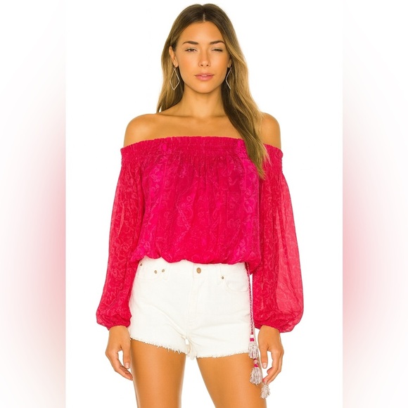 Rococo Sand Silk Off The Shoulder Blouse Hot Pink Embroidered Excellent Size XS - Picture 8 of 8